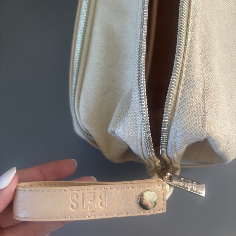 BEIS Cream Canvas Cosmetic Pouch with Leather Pull